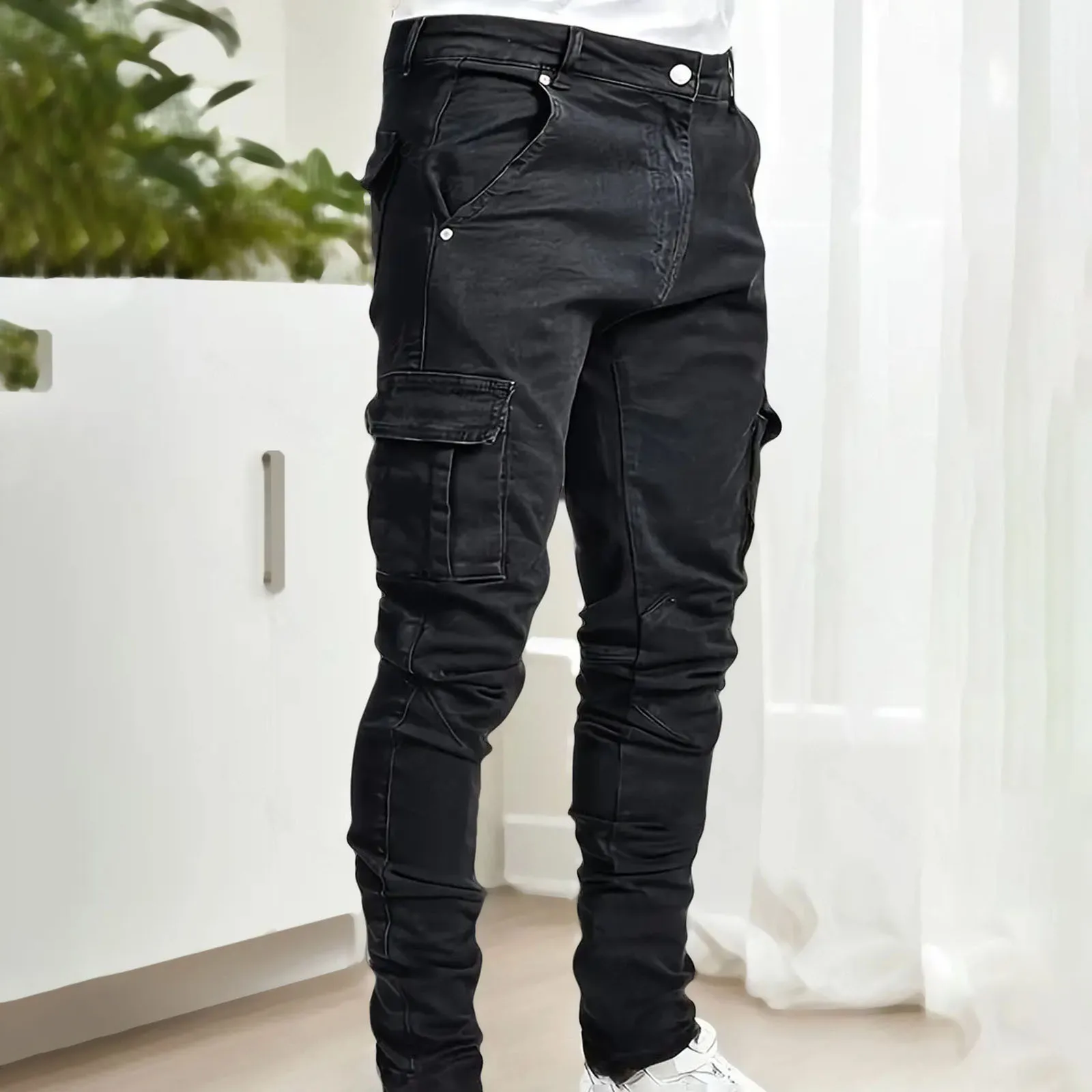 Stretch Jeans for Men Blue Big Side Pockets Cargo Male Jeans Fashion Zipper Small Foot Denim Pants Elastic Jogging Trousers