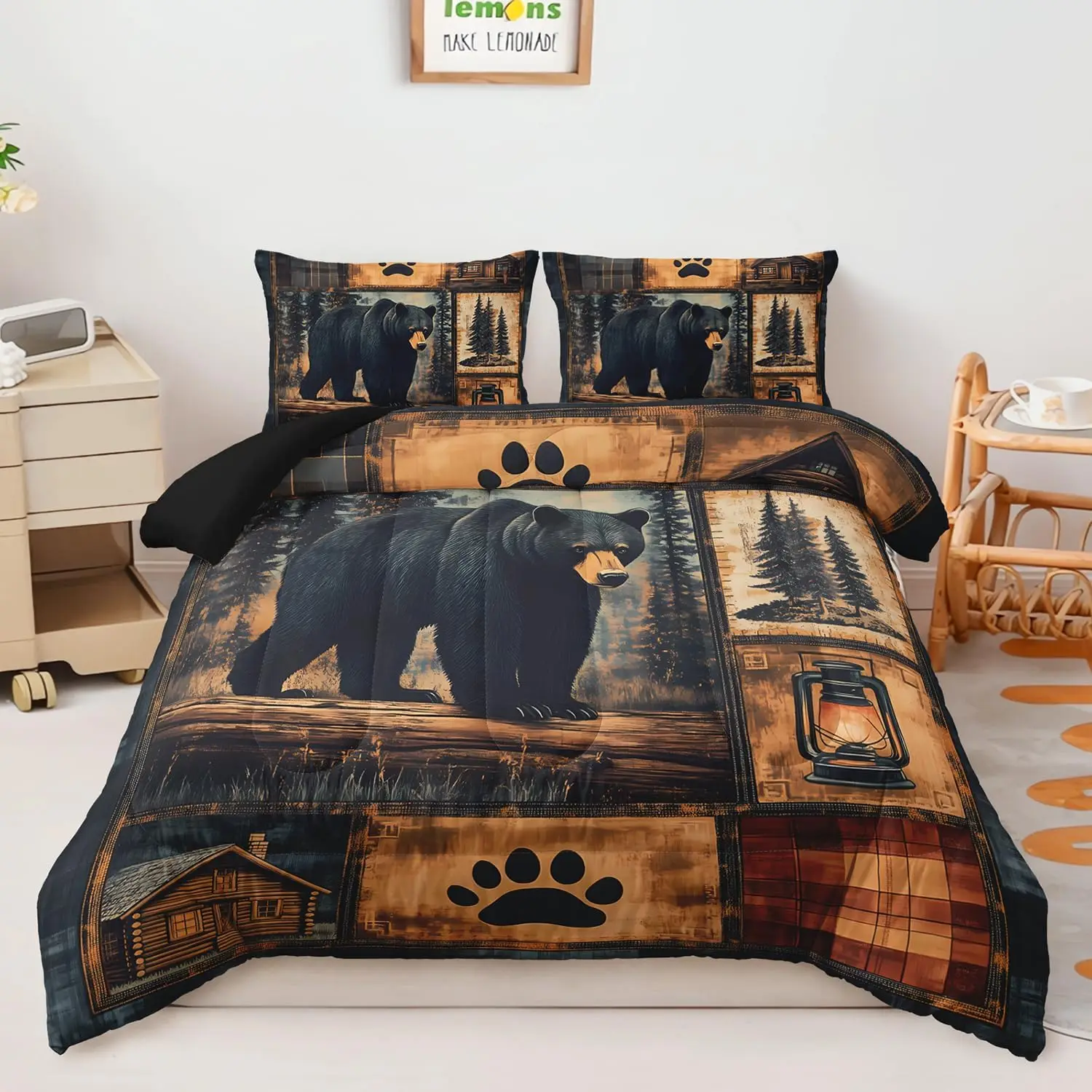 Black Bear Comforter Set Queen Size,Rustic Bear Bedding Set for Kids Boys Girls,3-Piece Wildlife Themed Hunting +2 Pillowcases