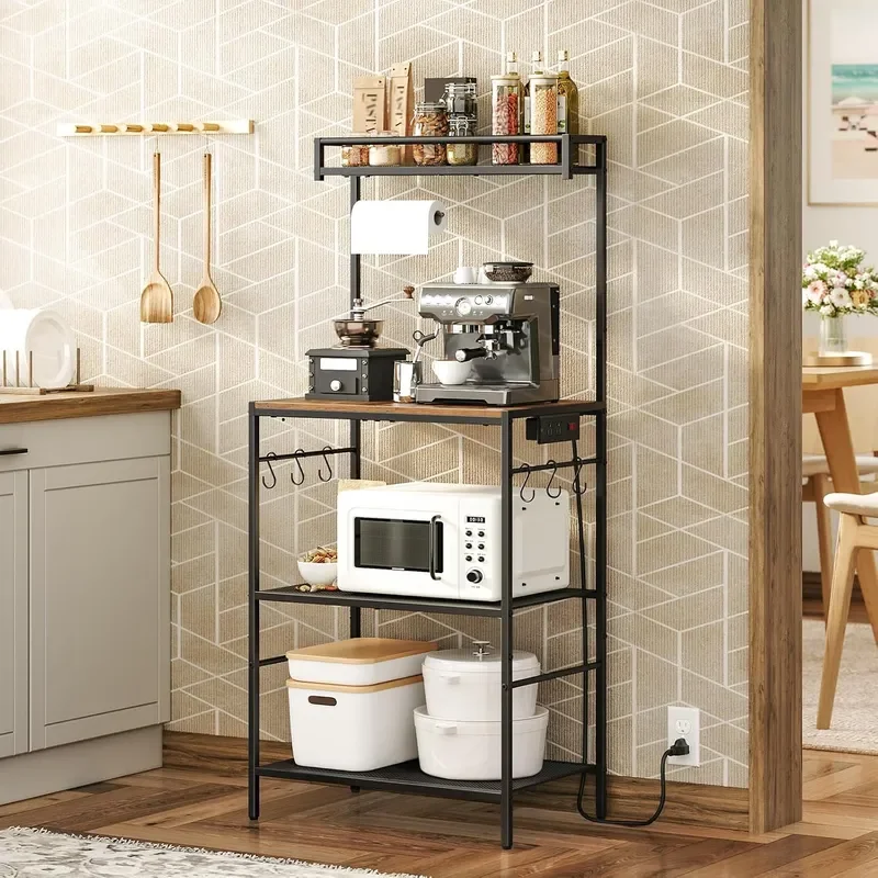 Bakers Rack with Storage Microwave Stand with Paper Holder Bakers Rack with Power Outlet Coffee Bar Station with 6 Hooks for
