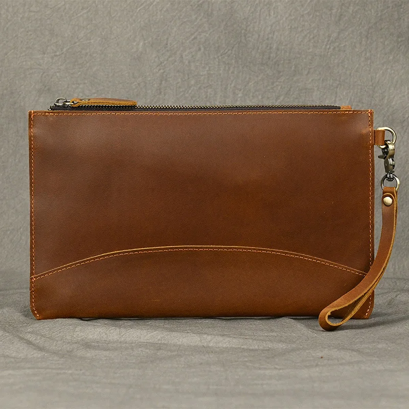 Men's genuine leather clutch bag, crazy Horse leather clutch bag, flat storage, large capacity business wallet