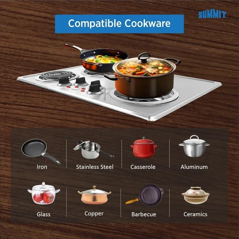 Cooktop elétrico de 30" com 4 queimadores, fogão elétrico com bobina de 230 volts, compatível com ADA, aço inoxidável - CR430SS