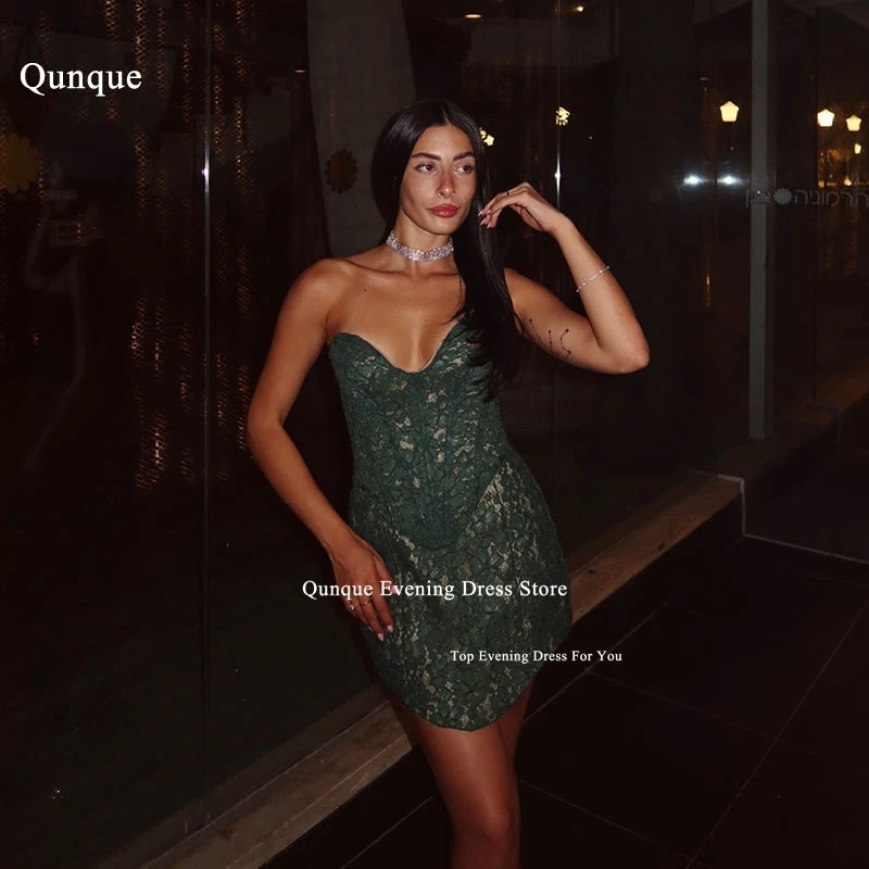 Qunque Sweetheart Green Lace Robes De Soirée Above Knee/Mini Party Dresses Short Ruched Vestido De Gala Noche Mujer Customized