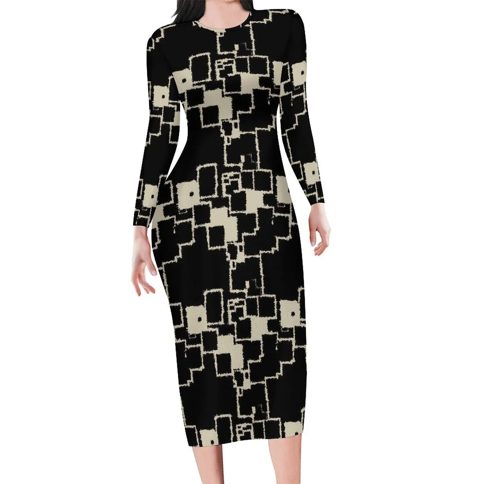 Vintage Geometric Dress Women Patchwork Print Street Fashion Bodycon Dress Autumn Long Sleeve Club Dresses Oversized Vestidos