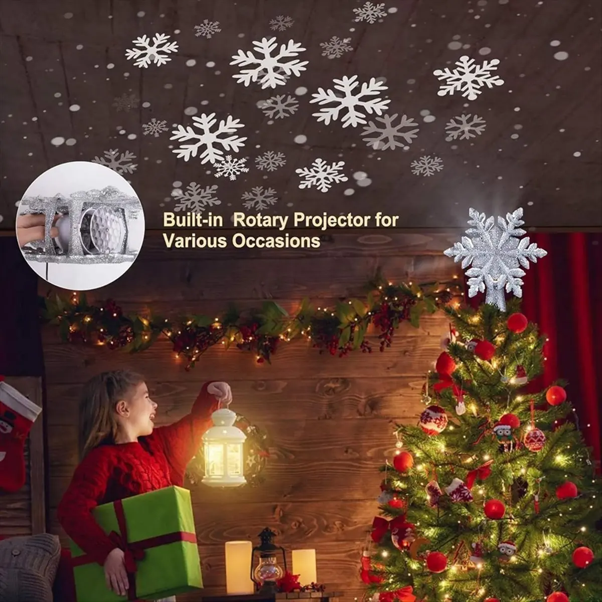 Christmas Star Trees Topper with Built-in Led Snowflake Projector Lights Snowflake US Plug