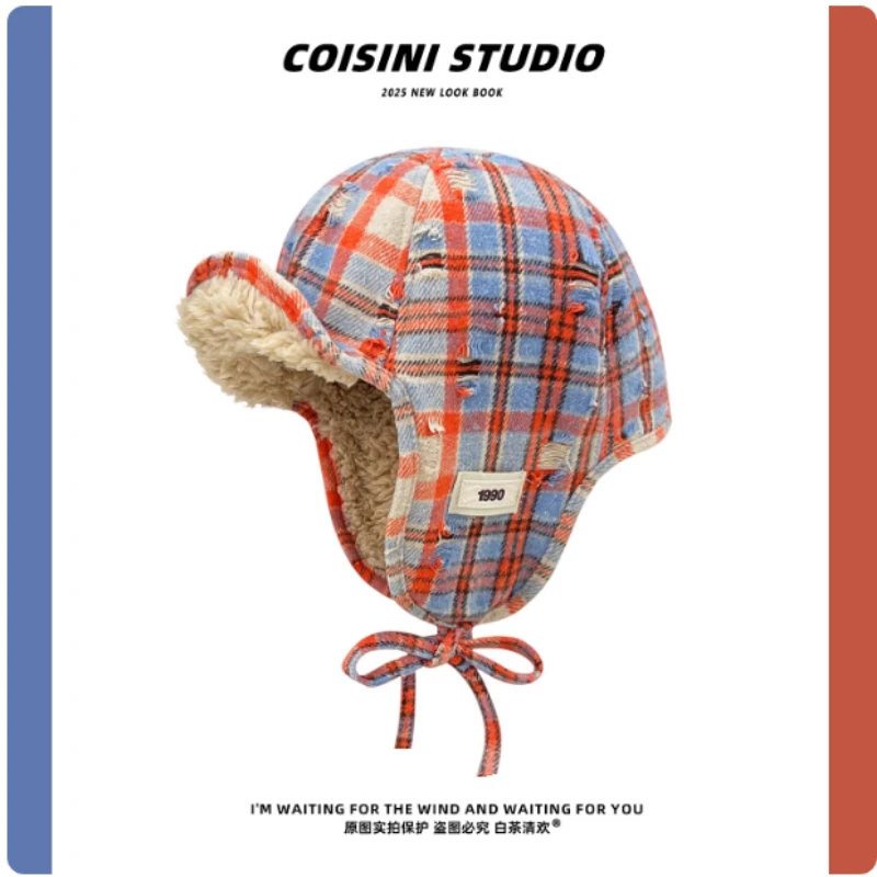 جديد ريترو ممزق منقوشة الرجال لي فنغ قبعة الشتاء في الهواء الطلق الصوف الدافئة ومتعددة الاستخدامات واقي أذن الدانتيل متابعة Bomber القبعات للنساء