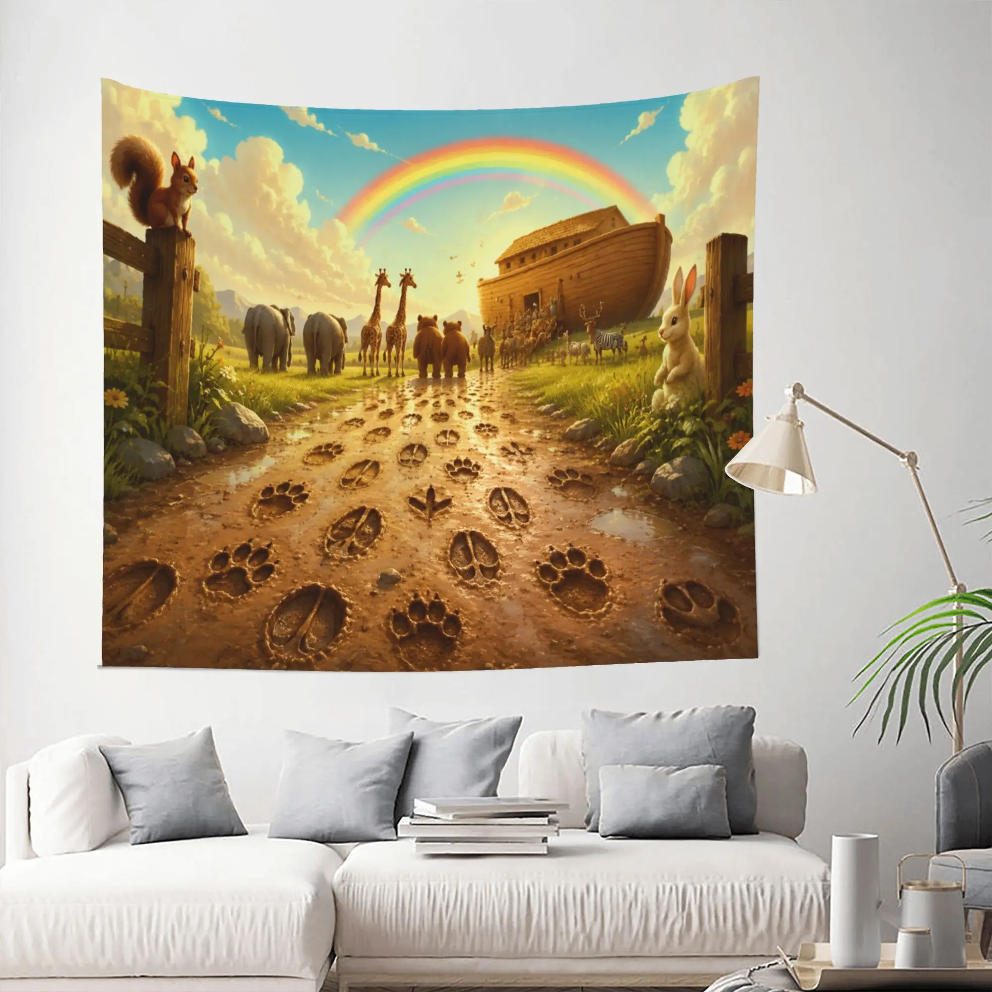 Whimsical Rainbow Animal Journey Tapestry Wall Decor Nursery Art Safari Adventure Bohemian Polyester Wall Hanging Print