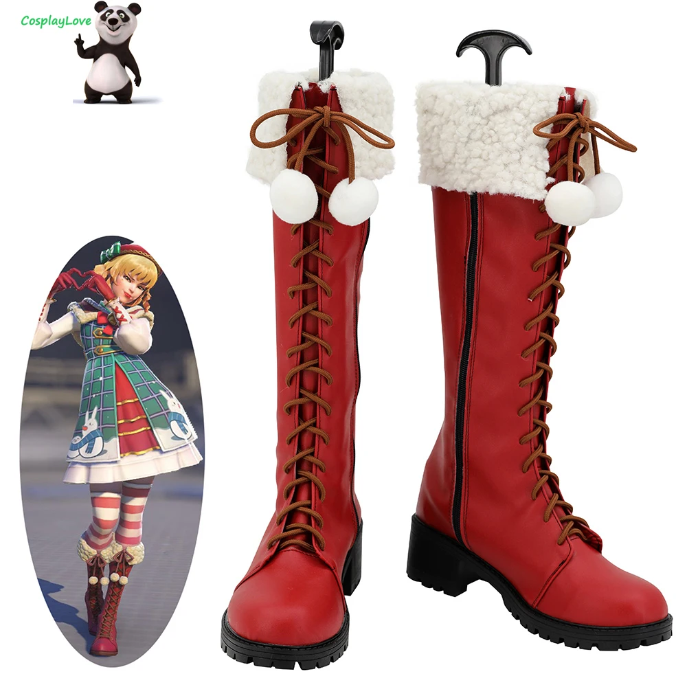 CosplayLove OW GAME DAV NATALE ROSSO Coslay Scarpe Stivali lunghi in pelle realizzati su misura