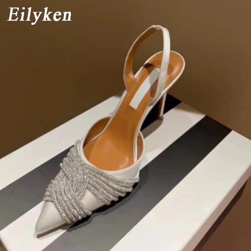 Eilyken Glitter Steentjes Zijde Vrouwen Pumps Kristallen Mode Satijn Lente Hoge Hakken Slingbacks Sandalen Feest Prom Schoenen