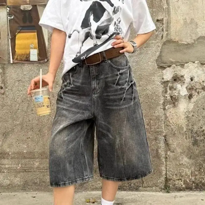 BabYoung American Vintage Washed Denim Shorts For Women Y2k Loose Calf- Length 2025 Summer New Straight Wide Leg Pants