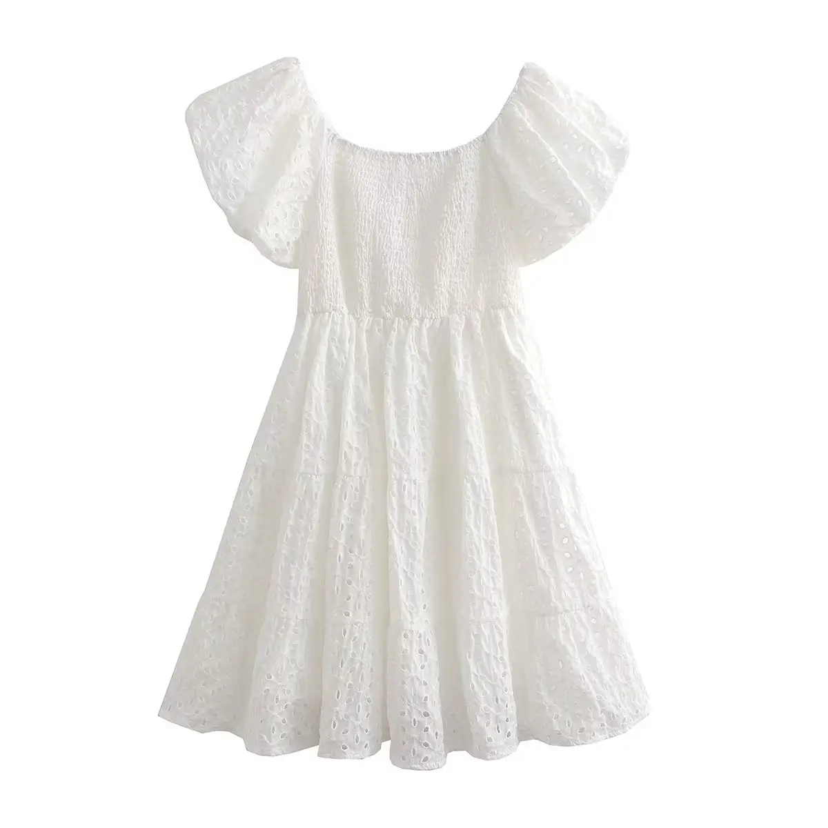 TEELYNN-Mini vestidos femininos bordados florais de renda, ombro fora, manga folhada, peito shirred, vestido curto, praia boho, branco, verão