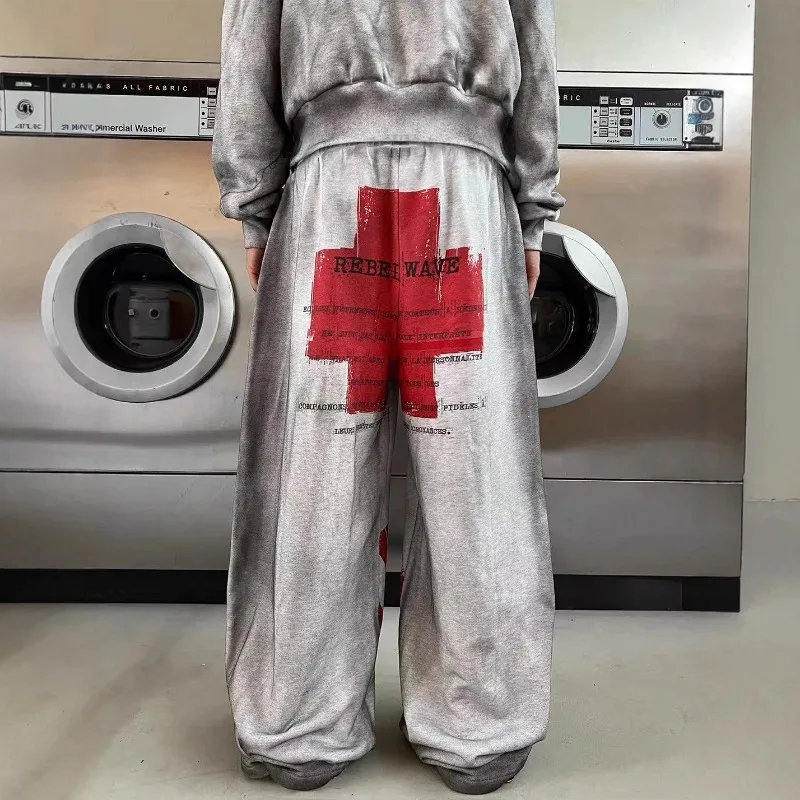 

2026 New Vintage Gothic Letter Cross Print Washed Hoodie & Sweatpants Set Толстовка Y2k Menswear Clothing Sweatpants Baggy Pants