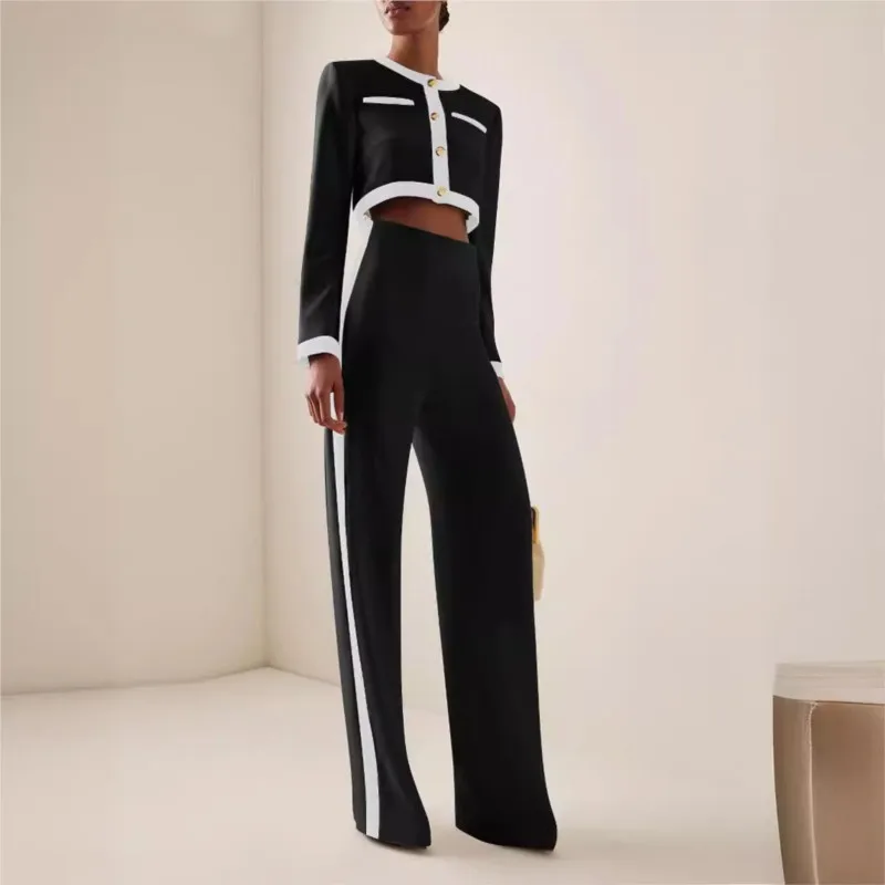 New Fashion Women's Pants Set Patchwork Long Sleeve O-neck Top and Elegant Trousers Suit 2024 2 Piece Sets Outfits Tracksuit