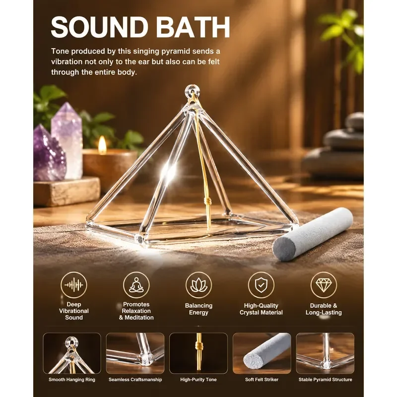 STAR LIN KUP 8 Inch Clear Quartz Crystal Singing Pyramid with Mallet High Quality Sound Healing Meditation Tool