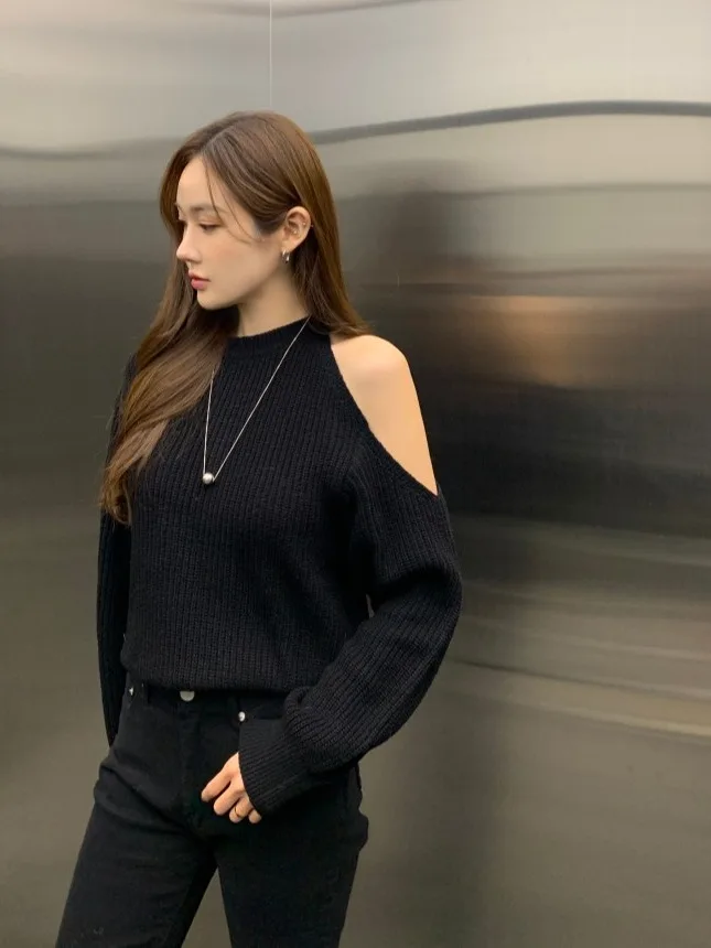 

Sexy Chic Long Sve oulder Bared Knitted Sweater for Women Ele High Quali Autumn Winter Faion Trendy Top for Teens