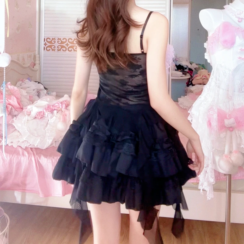 Cartoon Pattern HelloKitty Spicy Girl Y2K Ruffled Lolita Black Pink Sweet Princess Hollow Waist Black Tank Top/short Skirt