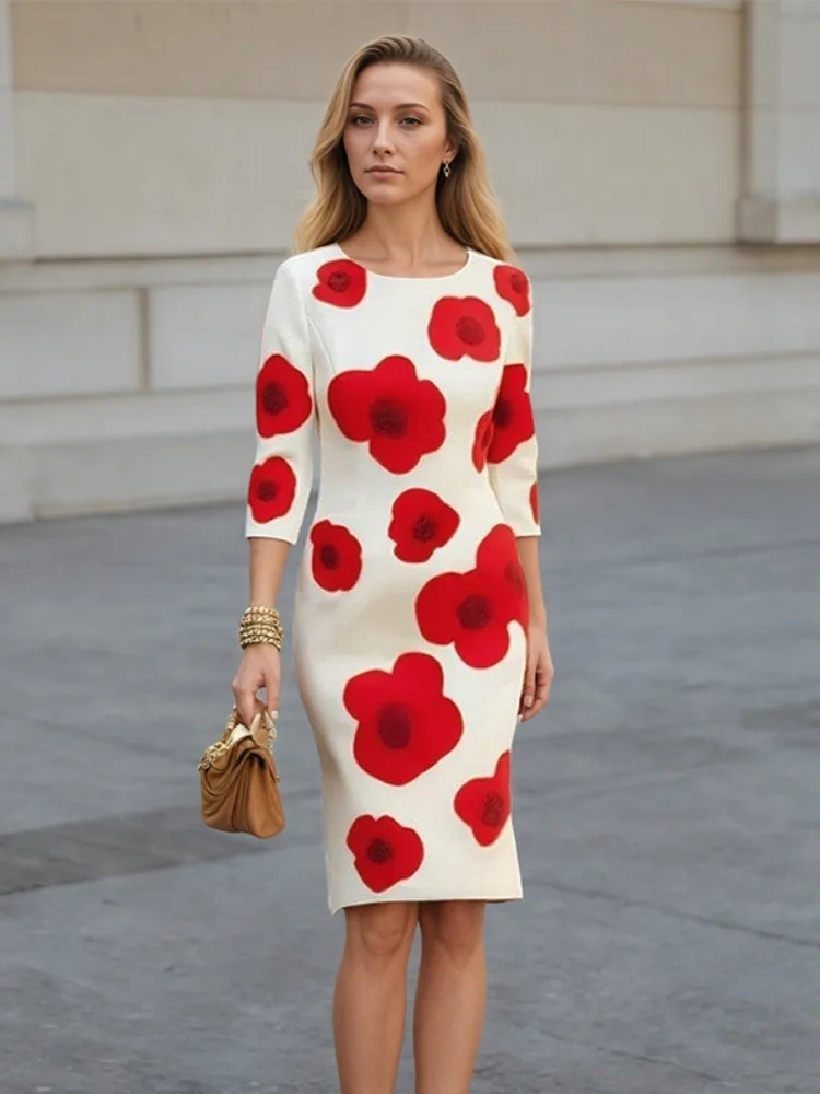 Abito longuette da donna con stampa floreale grande autunno Moda manica a tre quarti Una linea elegante tendenza casual da indossare ogni giorno Abito da ospite per feste