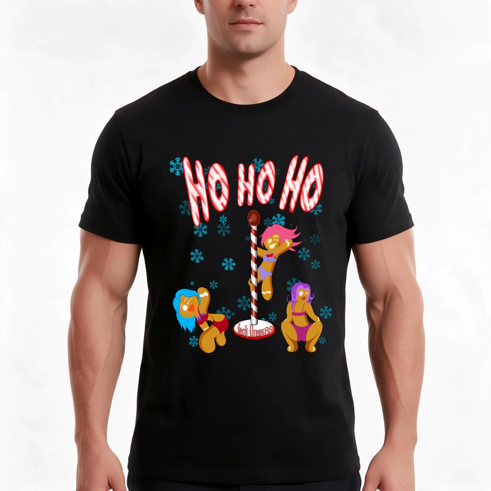 Christmas Xmas ho ho ho gingerbread stripper T-Shirt, Vintage Retro Graphic Tee, Unisex Summer Casual Streetwear Top