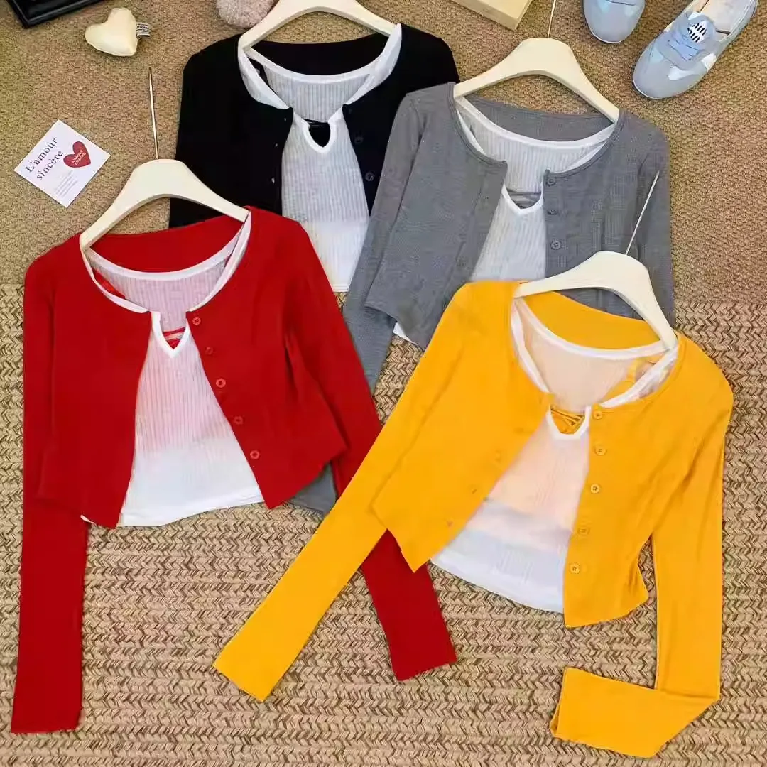 Early Autumn Pure Desire Knitted Three-Piece Set Long Sleeve round Neck Button Design Slim Fit Cross Sexy Wrap Versatile Wome...