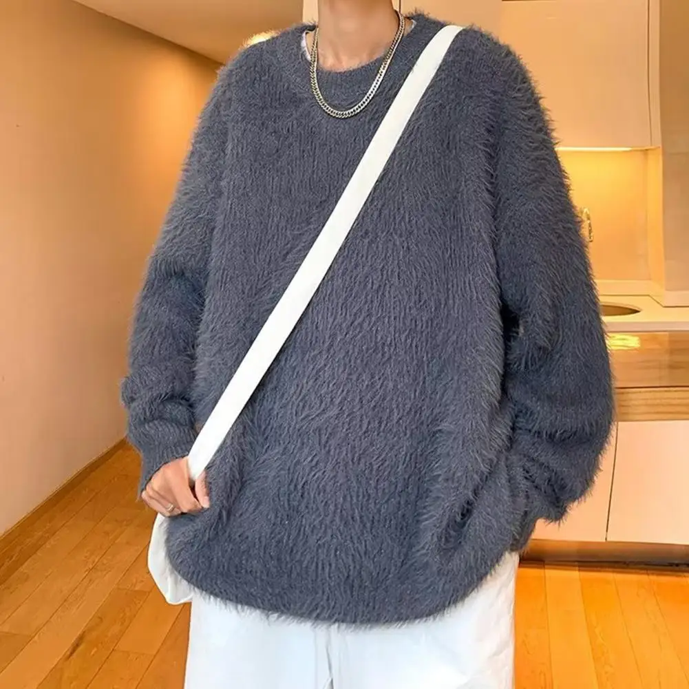 

Men Casual Top Cozy Oversized Men's Sweater with Fluffy Texture Round Neck Thickened Winter Pullover for Daily Wear Elastic