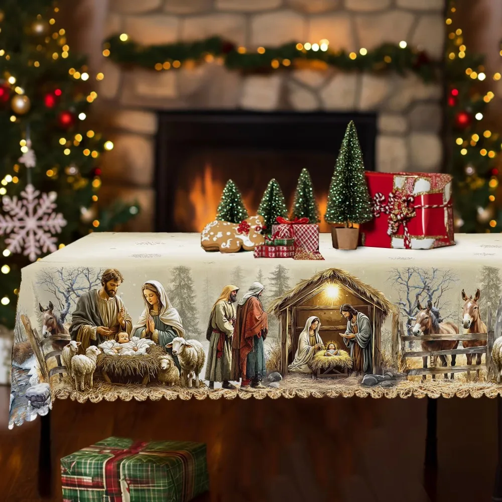 Round/Rectangular Christmas Nativity Scene Tablecloth Snowflake Snow Forest Printed Retro Religious Tablecloth Non-slip