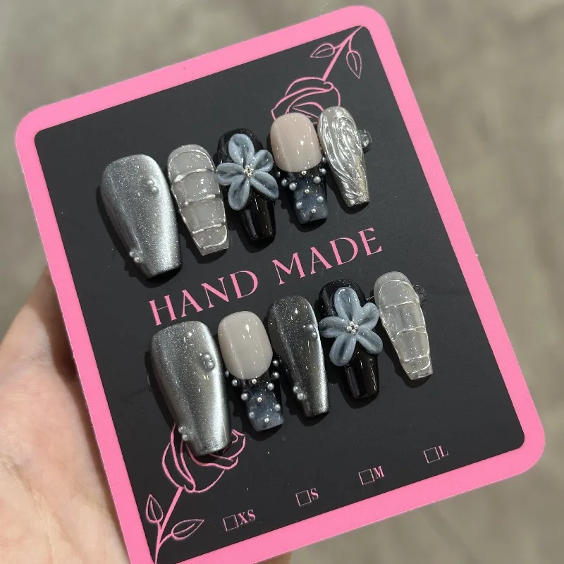 

10PCS Handmade 3D Carved Cat Eye Nails Heavy Duty Press on Nails Cross Border Sweet Cool Style Luxury False Nails for Women Uñas
