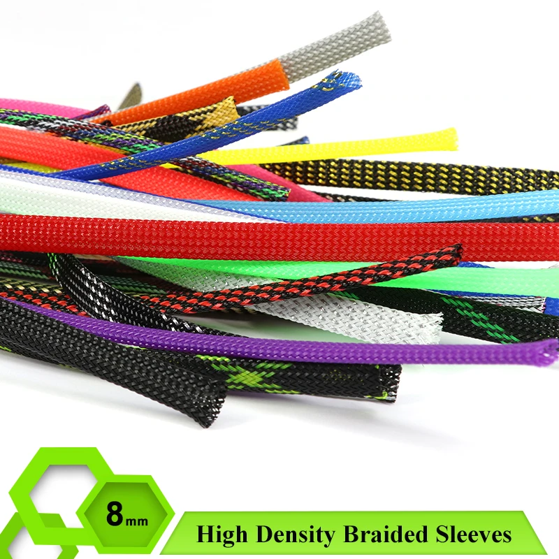 2/5/10/20/50m Braided Sleeves 8mm Cable Management Protection High Density PET Wire Cover Snake Skin Braided Sheath Wire Sleeve