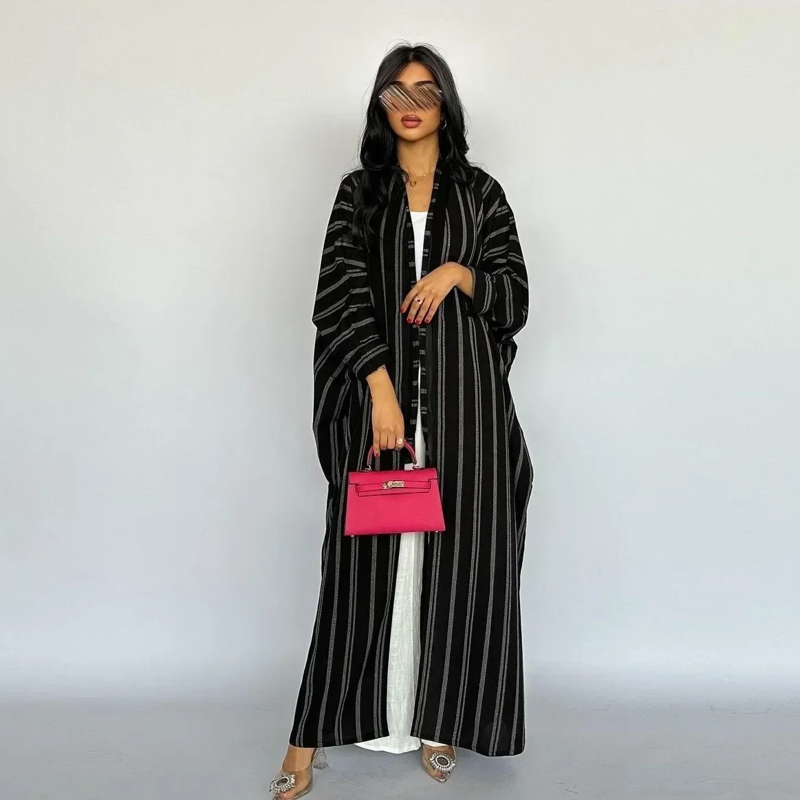 

Modest Stripe Black Open Abaya Kimono Muslim Outwear Turkish Tunics and Abayas for Women Dubai Islamic Clothes Kaftan Ramadan