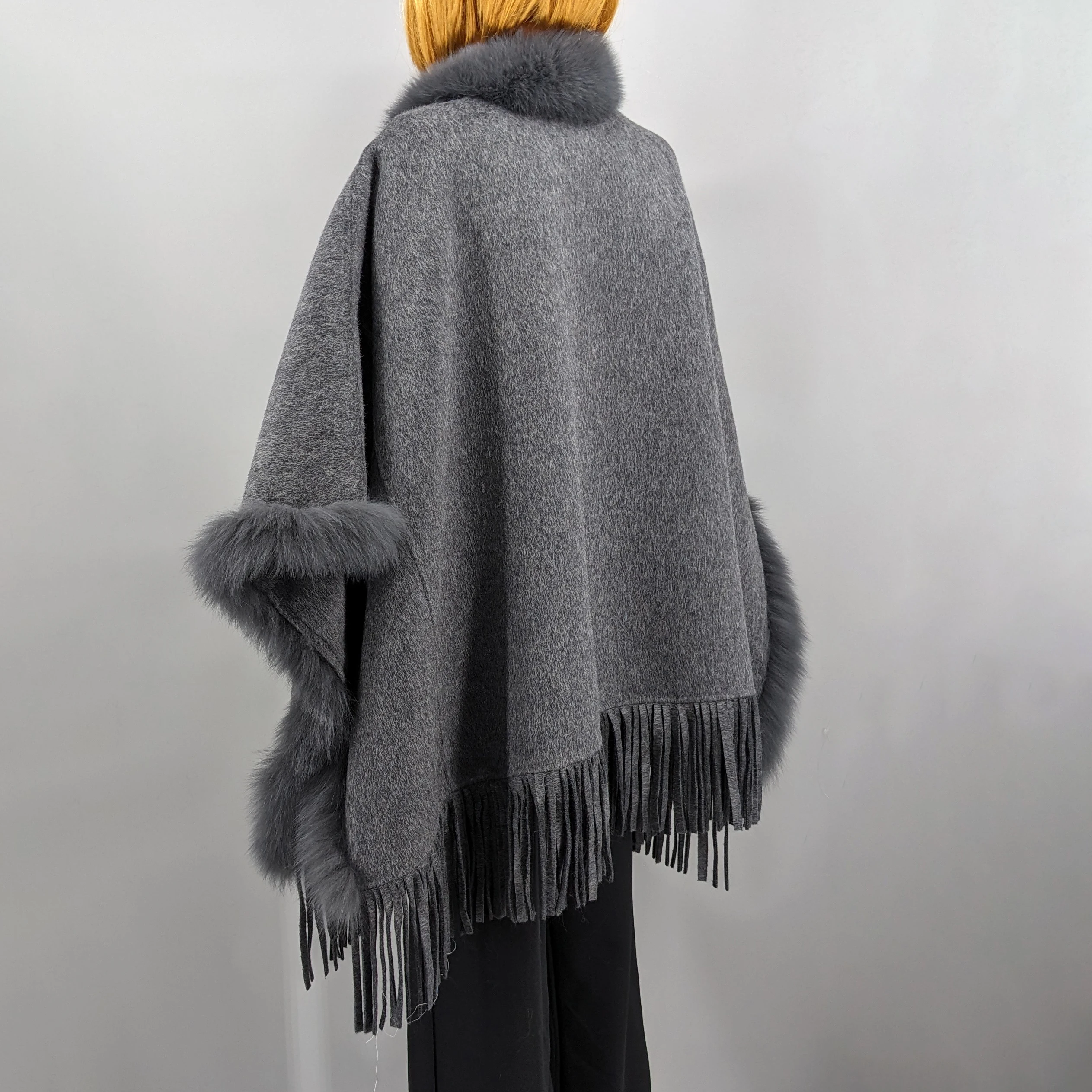 Women 100% wool shawl coat with fox fur-trim lower hem with fringe dark grey color 241169