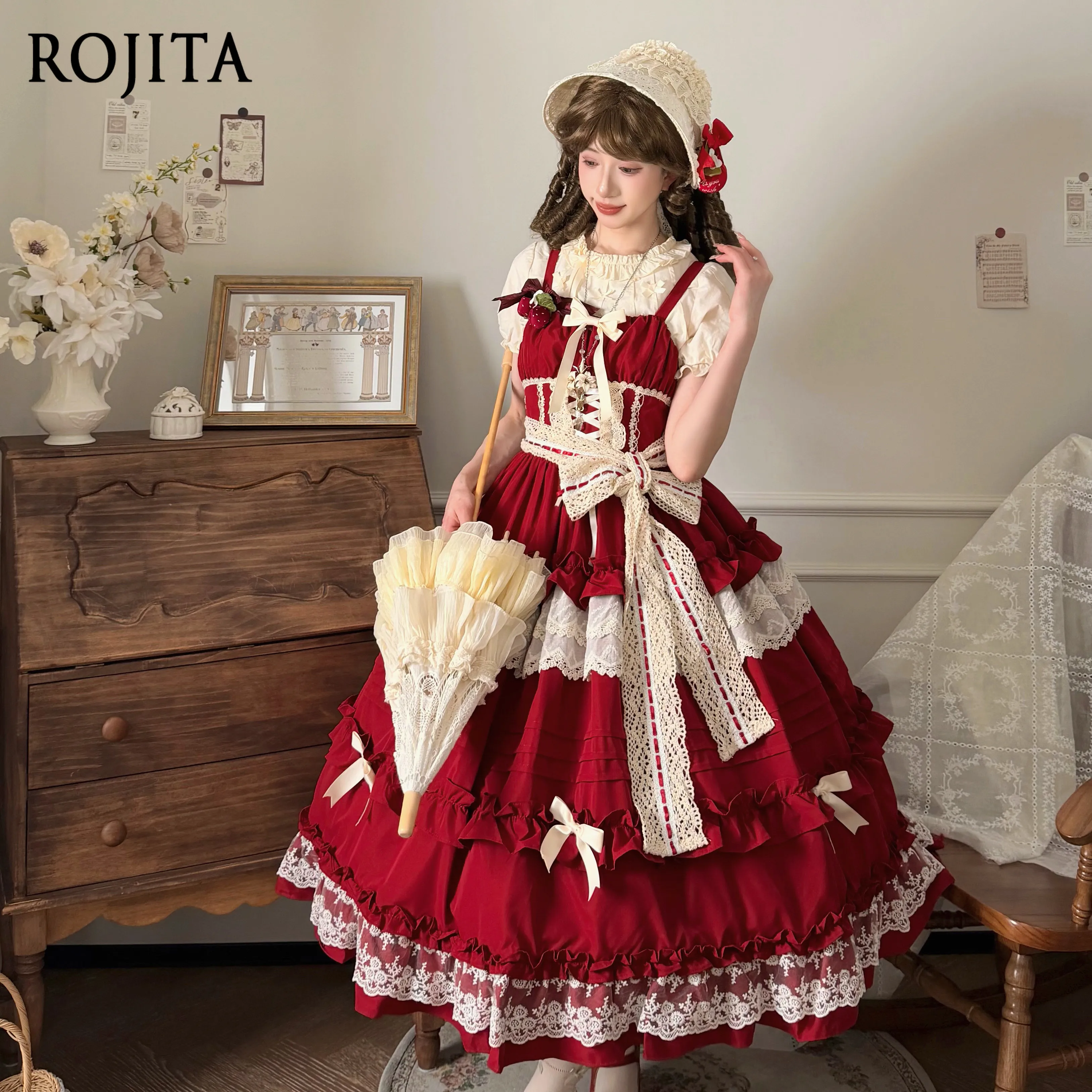 

Vintage Wine Red Pink Lolita JSK Dress Lace Ruffle Tiered Sweet Kawaii Jumperskirt Spring New Elegant Vintage Lolita Dress