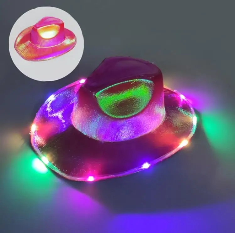 

LED White Light Up Space Cowboy Hats Cowgirl Holographic Rave Fluorescent Hats With Adjustable Windproof Cord For Halloween SN