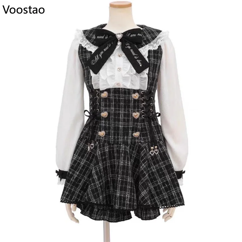 

Japanese Gothic Y2k Lolita Plaid Dress Shorts Set Women Harajuku Rhinestone Bow Lace Ruffles Shirt Dress Female Chic 2 Piece Set