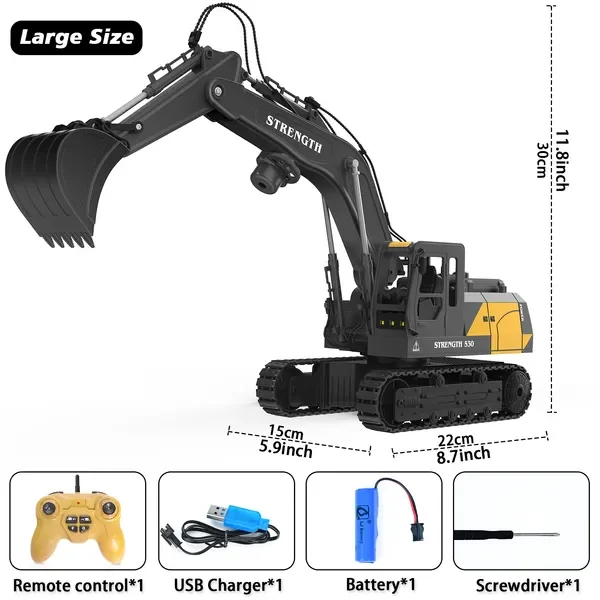 1:20 Scale Black Alloy Remote Control Excavator with 12-Way Functionality for Kids and Adults, Realistic Construction Vehicle
