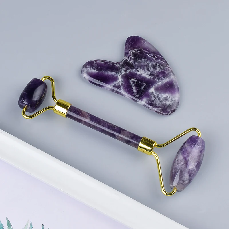 Natural Amethyst Anti-Cellulite Roller Massager Crystal Skin Care Stone Gua Sha Tool Massage Face Scraper Facial Protection