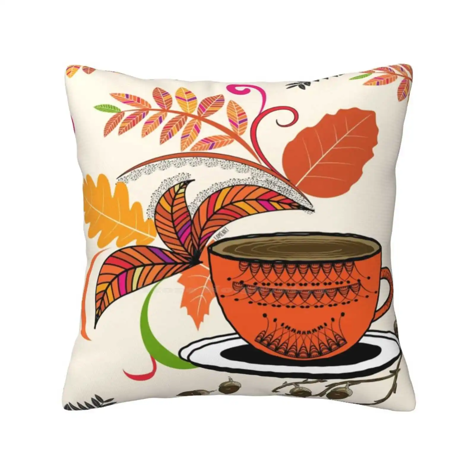 Autumn Hello October Home Sofa Car Waist Throw Pillowcase Autumn October Tea Fall Nature Famenxt Leaves Acorns Orange