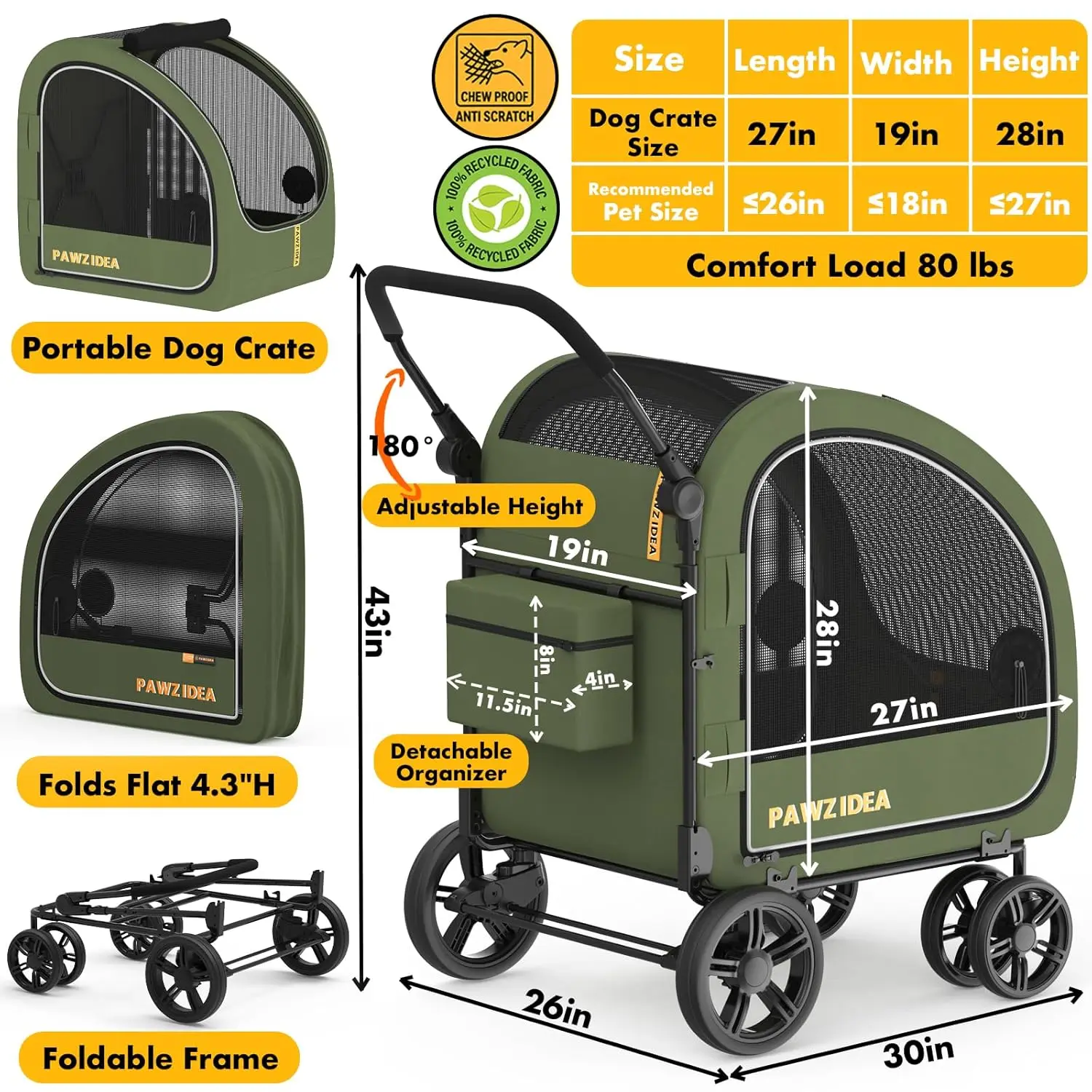 Large and Medium Dog Travel with 3-in-1 Design, Detachable Carrier, All-Terrain 9” Jogger Wheels, Adjustable Handle, Up to 80lbs