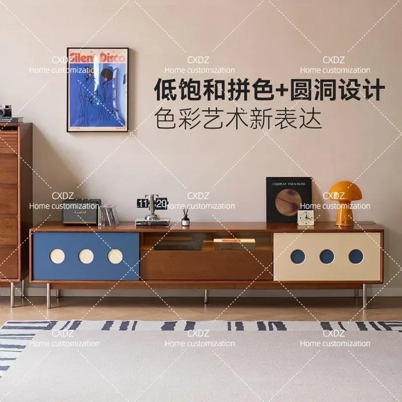 Solid Wood TV Cabinet Household Color Matching Storage Unit Living Room Media Console Antique Style Entertainment Center