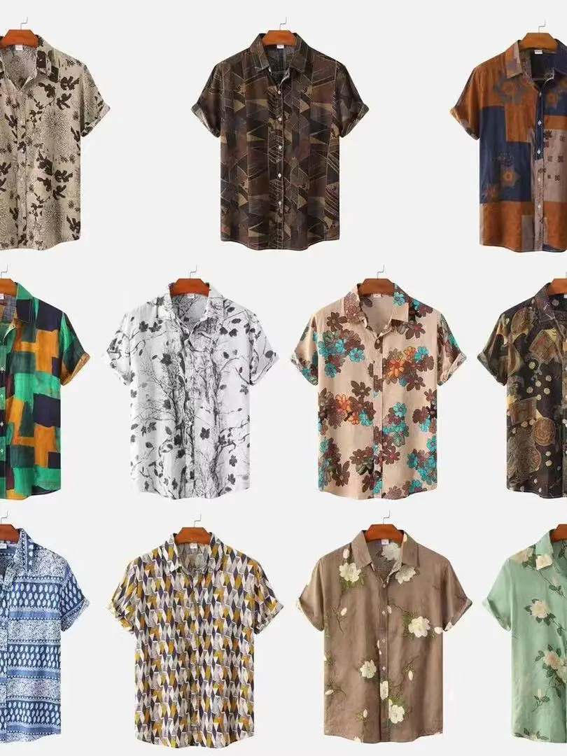 

Men's Floral Print ort Sve irt Collared Summer Casual Polyester Fiber ex Basic Fit Printed Top