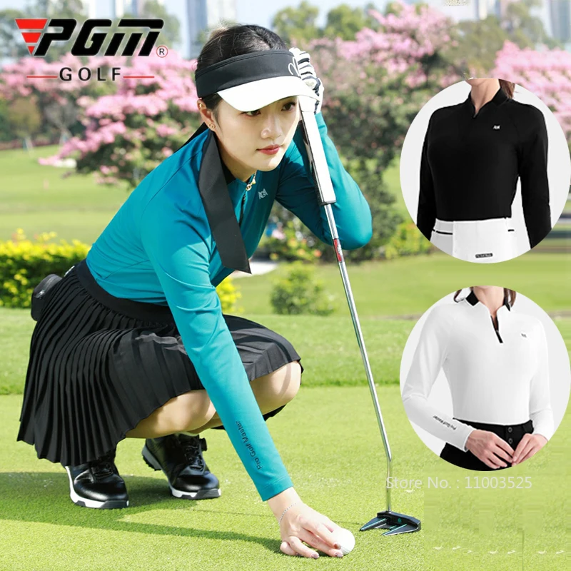 

PGM Golf Women Long Sleeve T-shirt Zipper Collar Warm POLO Shirt Windproof Velvet Elastic Golf Top Breathable Soft Sportswear