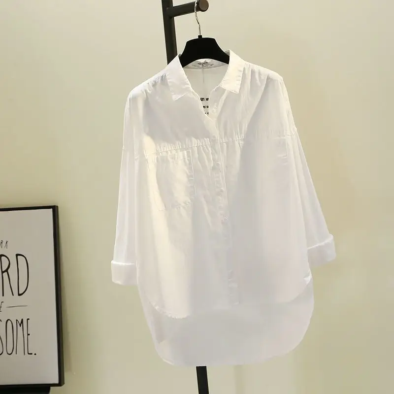 Hochwertiges mittellanges Baumwollhemd für Damen mit langen Ärmeln, Frühlingsneues besticktes weißes Hemd, vielseitiges Top, trendig