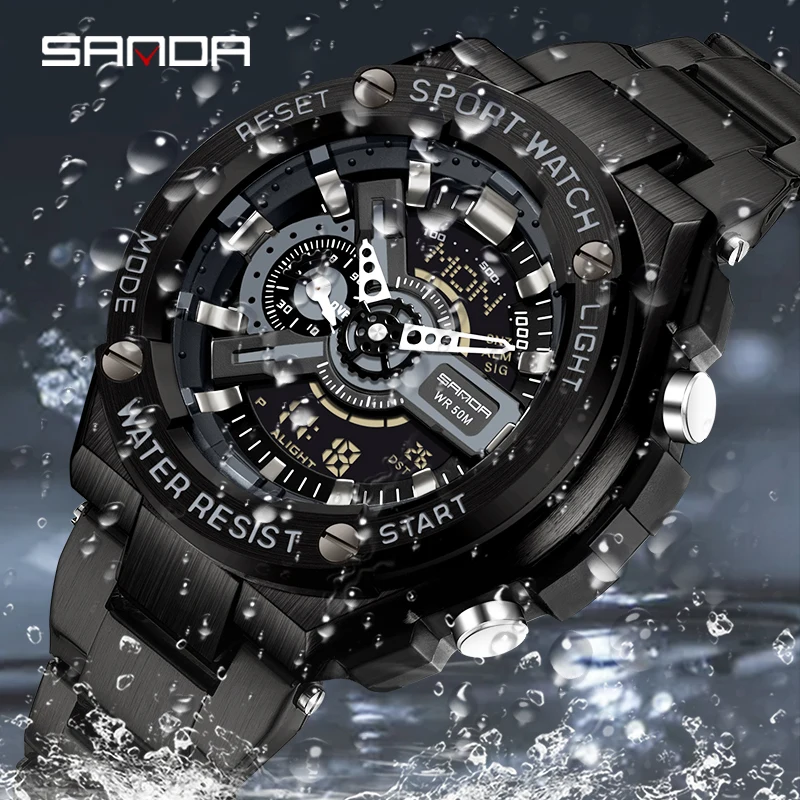 Sanda-Montres de sport étanches pour hommes, entièrement en acier inoxydable, quartz, numérique, multifonctionnel, compte à rebours, LED, irritation, marque supérieure, mode