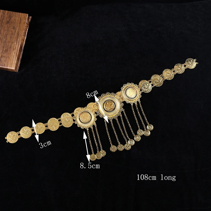 Ремень в средневосточном стиле, длинный пояс с металлической цепочкой и кисточками для монет, Свадебный сарафан золотого цвета, регулируемая длина