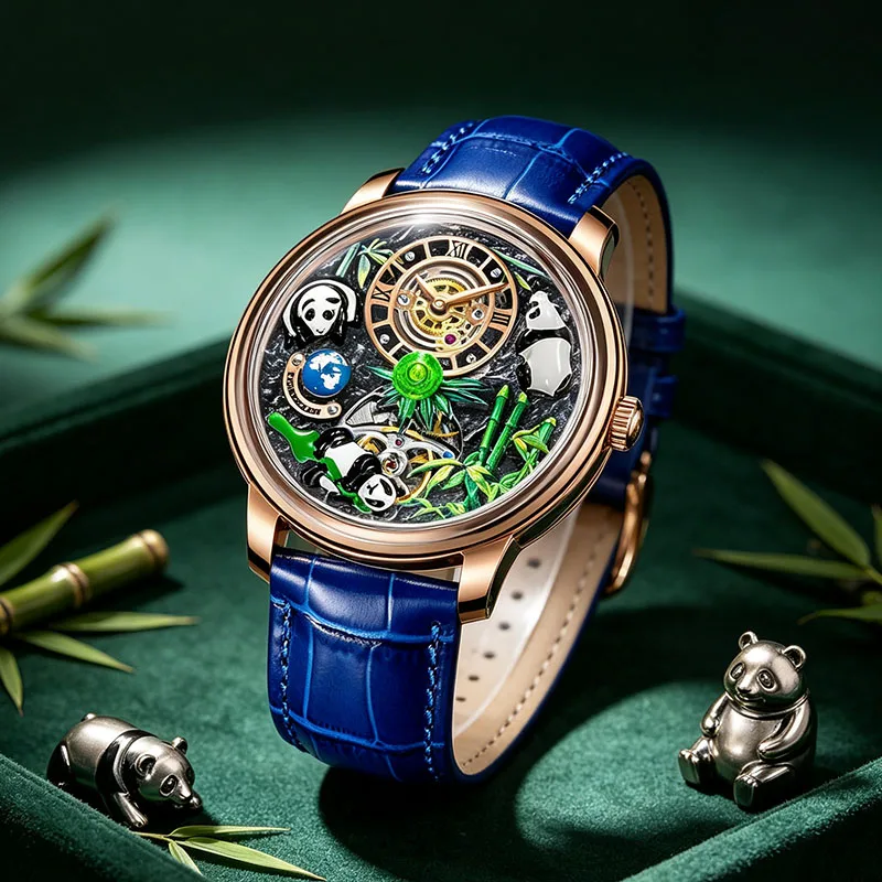 PINDU Original Top Brand Luxury Mechanical Watch Three-dimensional Panda Dial Watch Men's Stainless Steel Waterproof Men's Watch