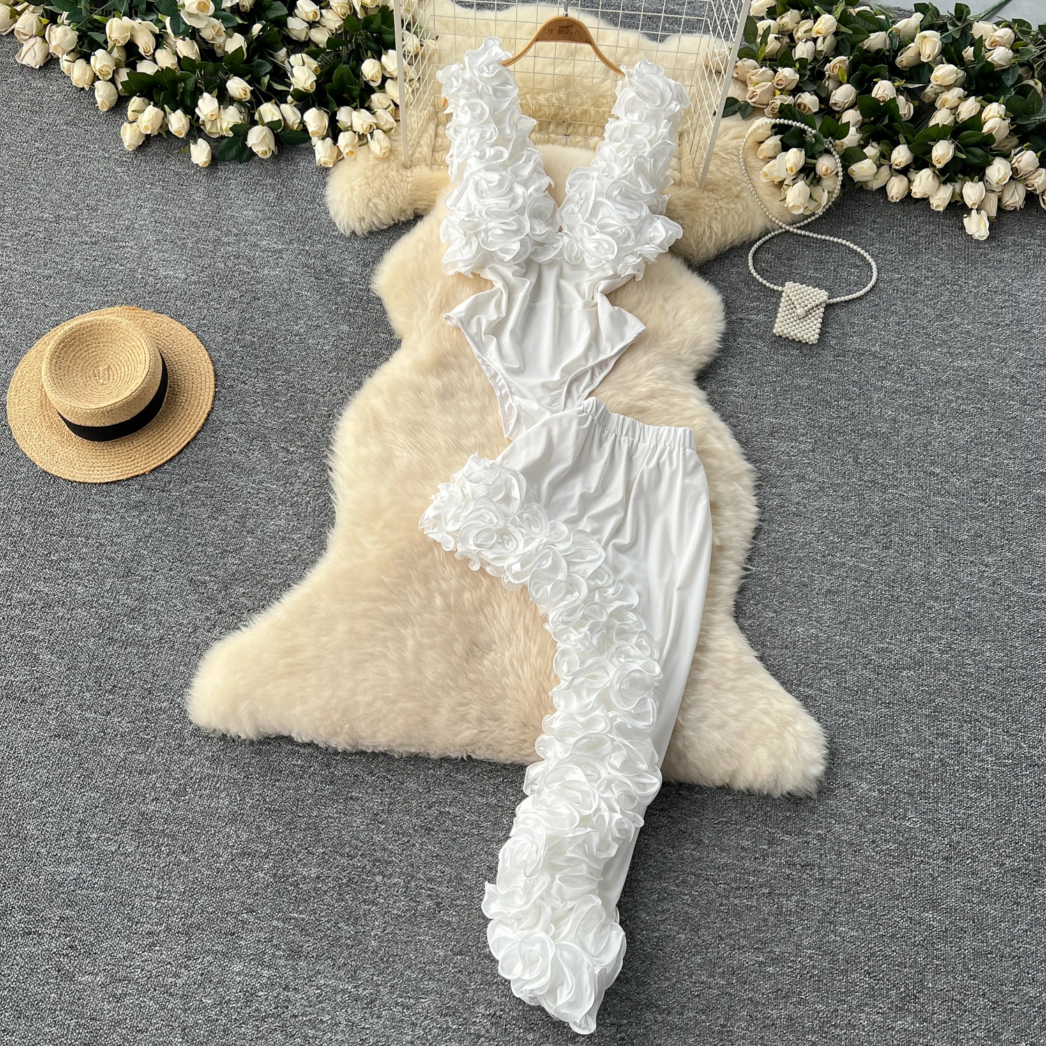 

Женский комплект из 2 предметов, боди с 3D цветком, костюм с юбкой, роскошная вечеринка, ужин, банкет, сказочный фестивальный наряд, свадебные асимметричные юбки на бедрах