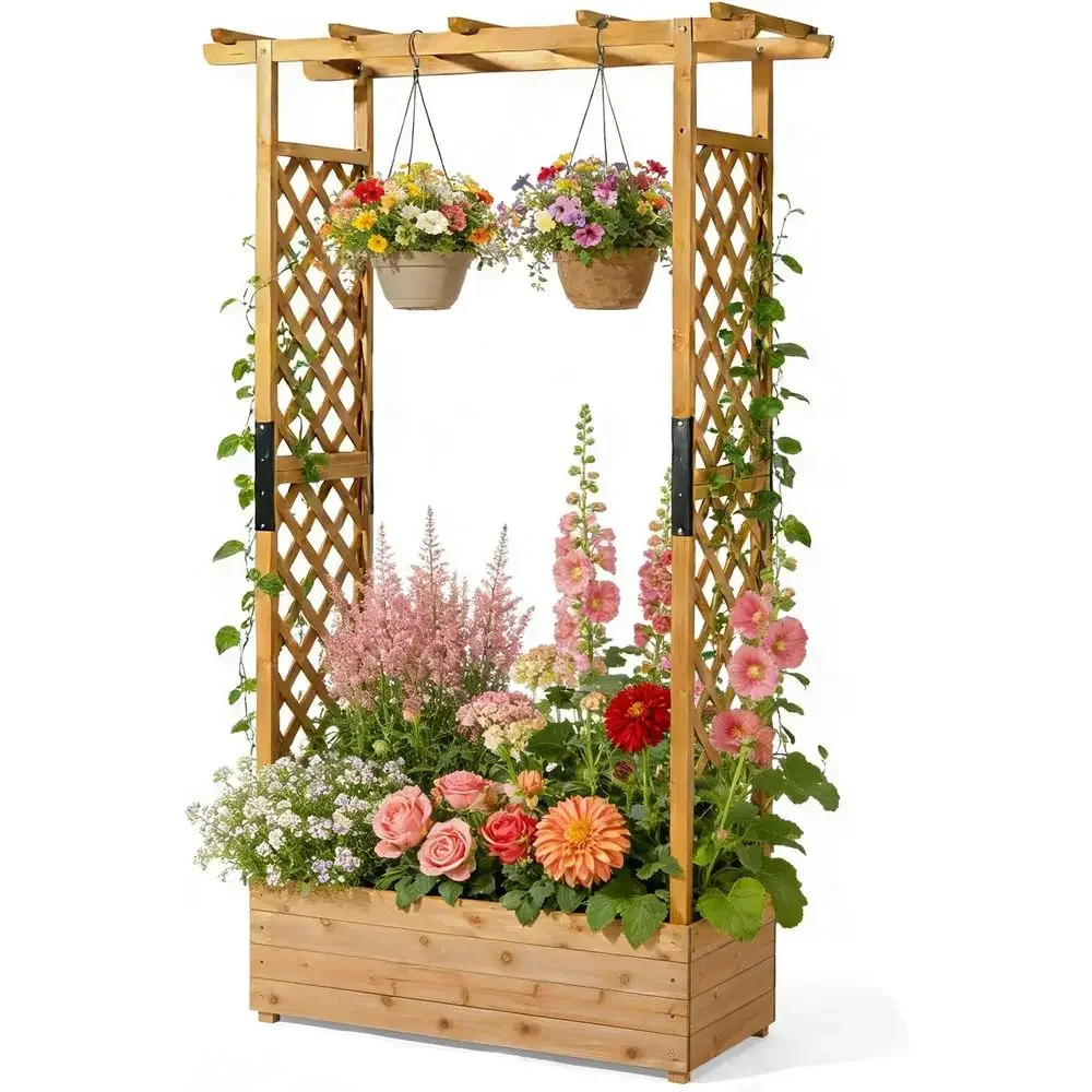 Elevated Wooden Garden Bed with Trellis, Hanging Rope, Drainage, for Climbing Plants and Vegetables (Teak)