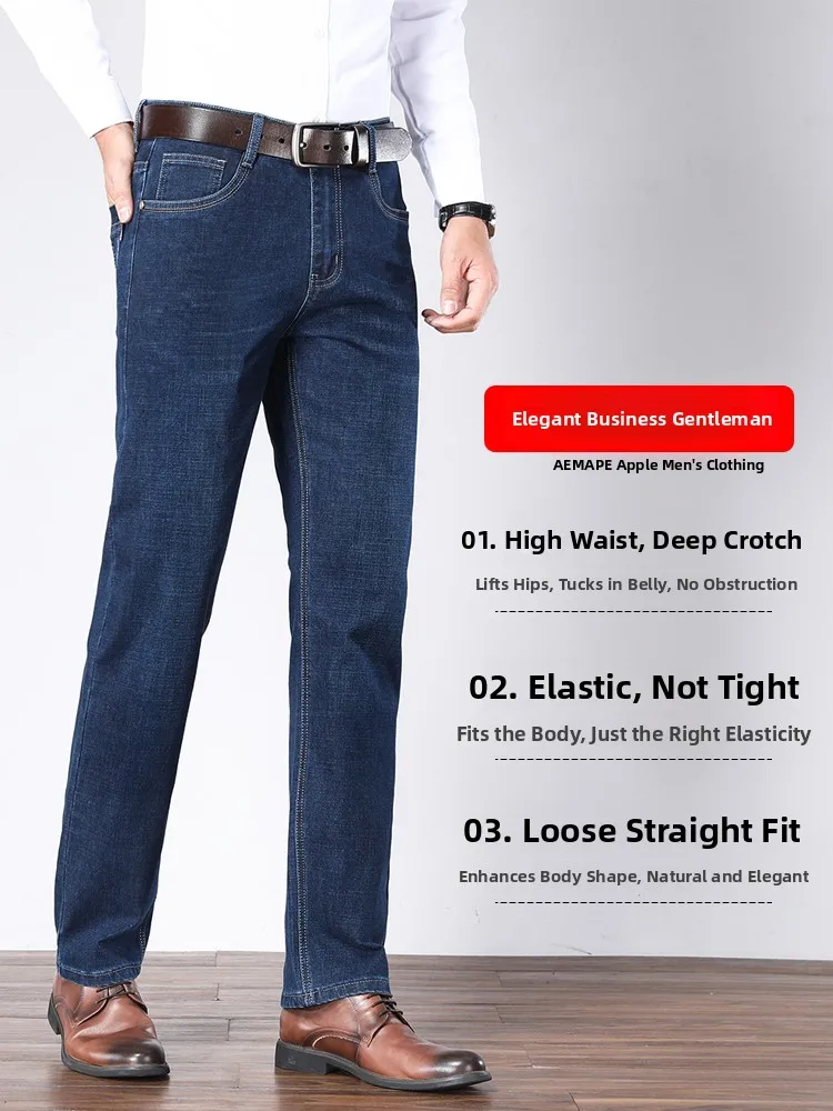 Calças Jeans Masculinas de Perna Reta com Forro de Lã Elástico, Calças Longas Casuais ssas de Aodão com Cintura Alta par...