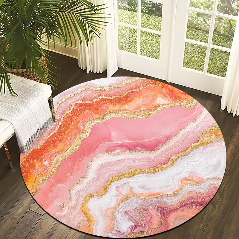 Marble powder gold style Flannel-printed round floor mats are slip-resistant Suitable living room bedroom terrace garden carpets
