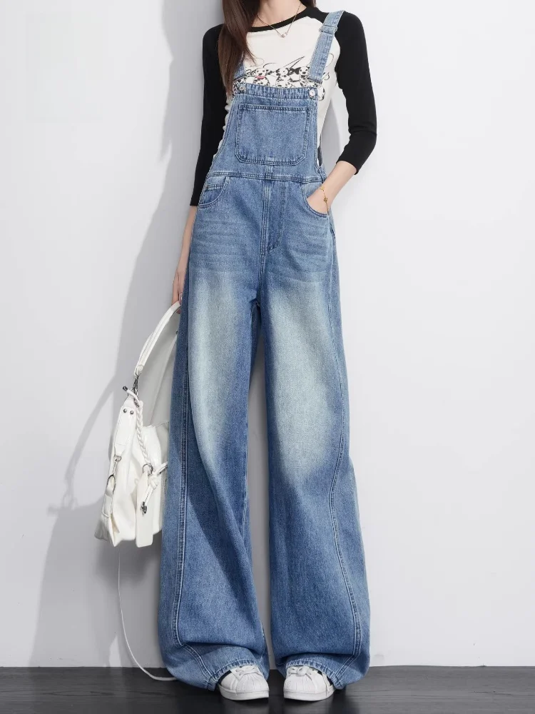

ItCHOCOOLATE Retro Blue Denim Overalls Women's High Waist Loose Wide Leg Jumpsuit Spring Faion American Sle Waed Jeans