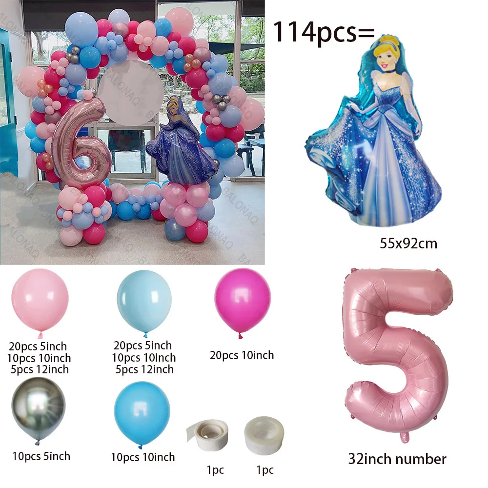 114pcs Disney Cinderella Princess Balloon Set Pearl Pink Number Foil Balloons Kids 1st Birthday Party Baby Shower Decorations