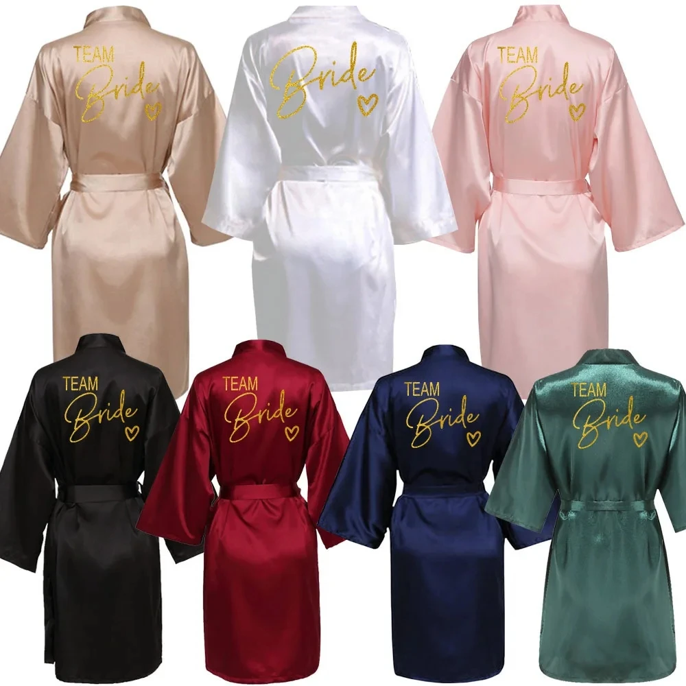 

Wedding Party Team Bride Robe Kimono Satin Pajamas Bridesmaid Bathrobe Gold Letter SP089