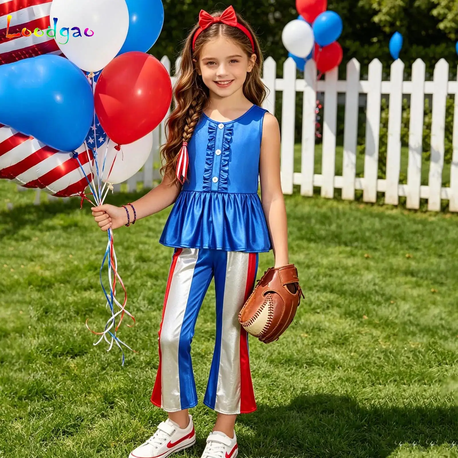 4th July Kids Girl Outfits Patriotic Tank Top with Stripe Flared Pants Headband Set Independence Day Holiday Photo Party Costume
